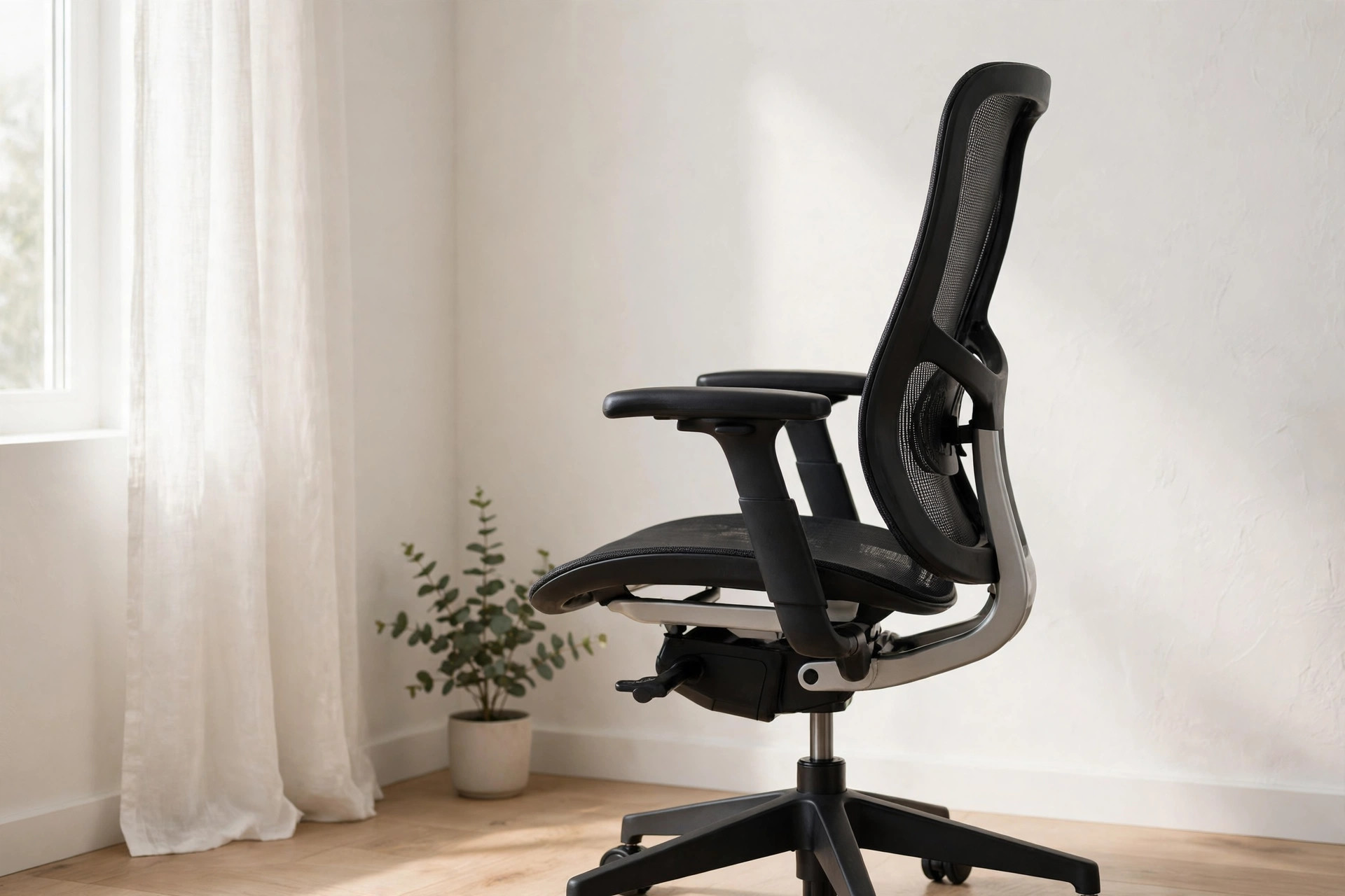 An ergonomic mesh office chair in a bright home office corner